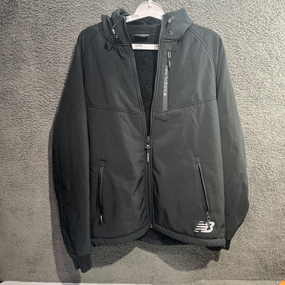 New Balance Mens Hooded Full Zip Fleece Lined Jacket Black Coat - Picture 1 of 6
